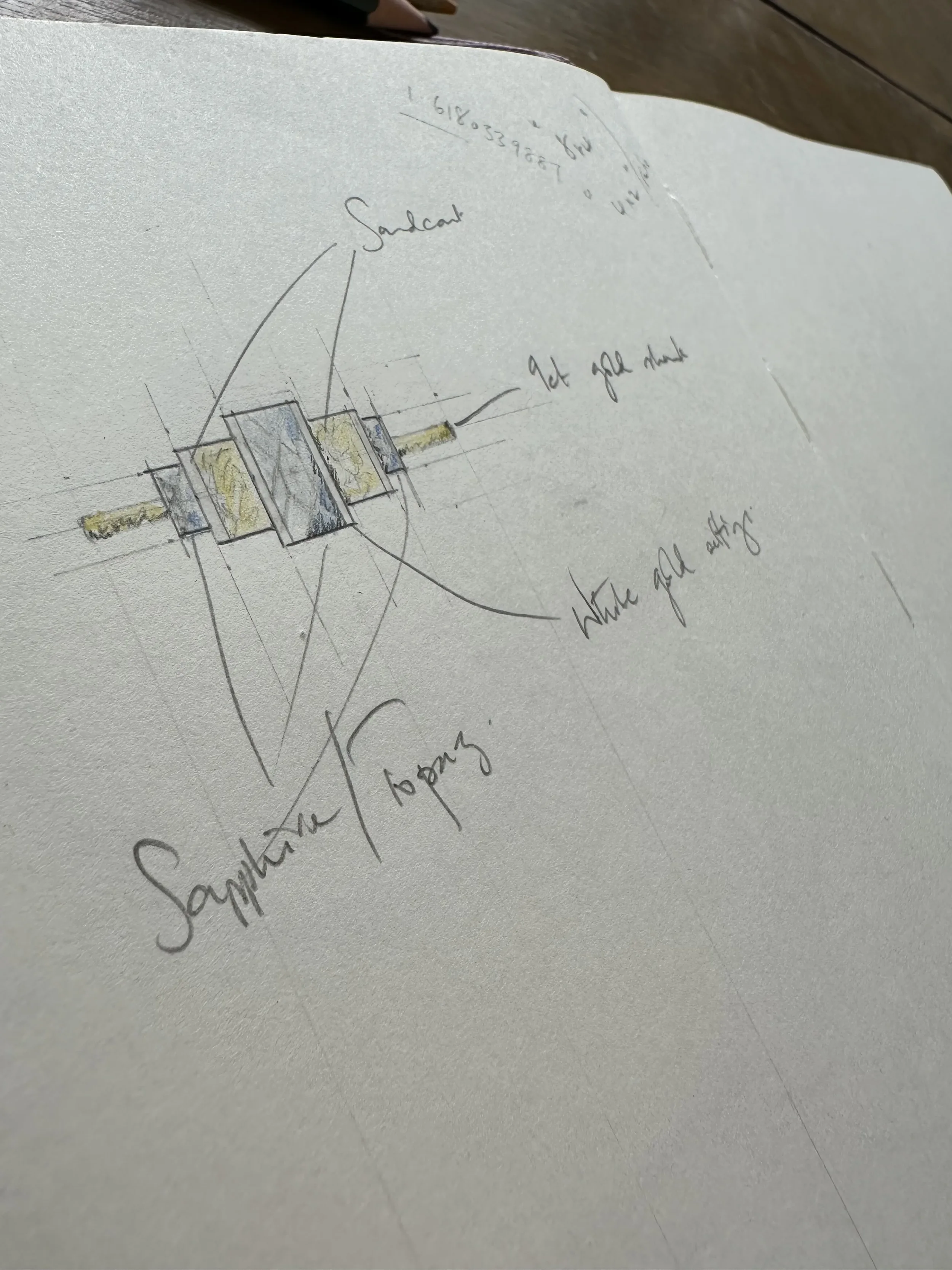 A design for a bespoke SMO gold ring featuring a unique sand-cast texture and refined Art Deco geometric lines.