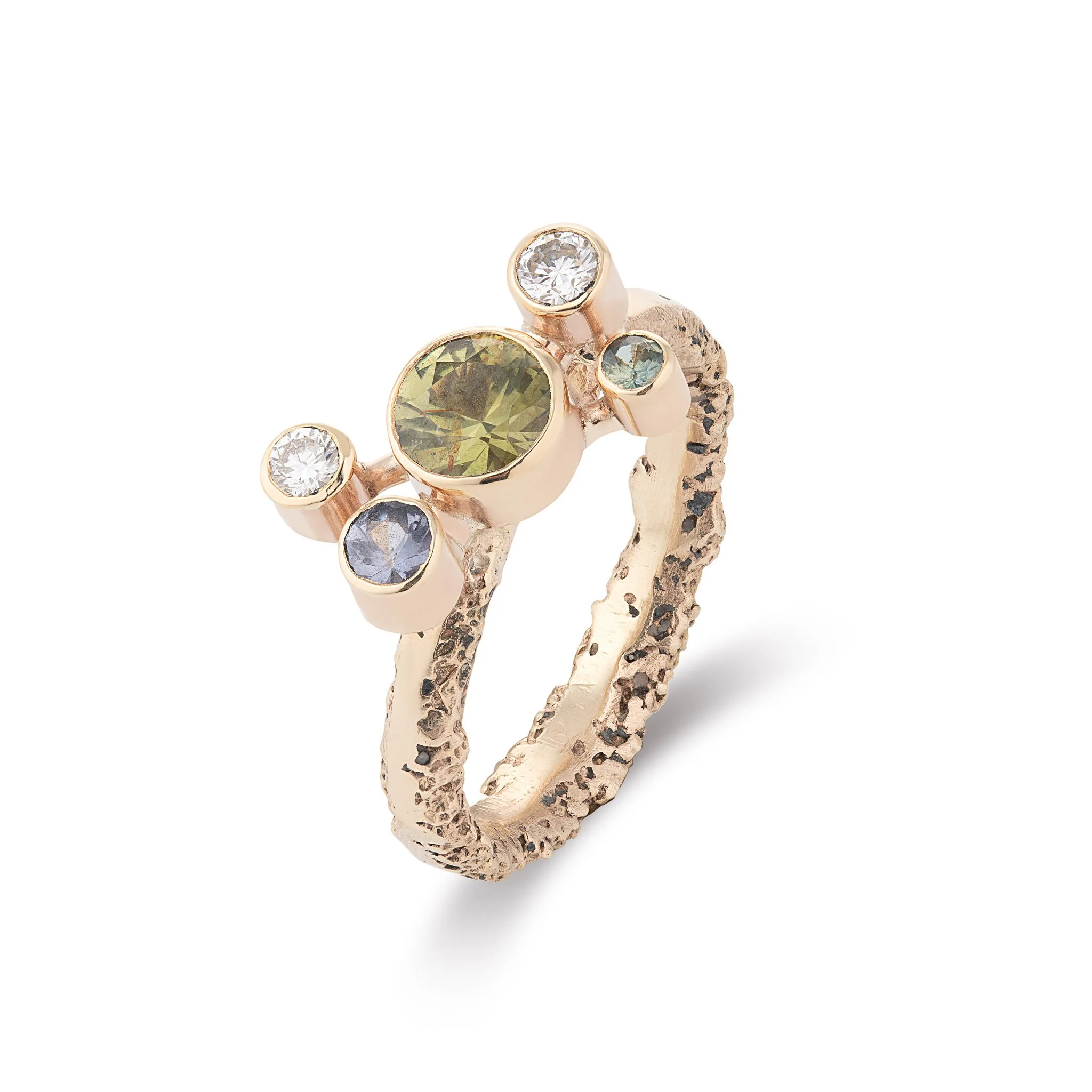 ATOMIUM RING 7 - Stunning, 9ct gold, with a sandcast shank and tube set spinel, sapphires and diamonds