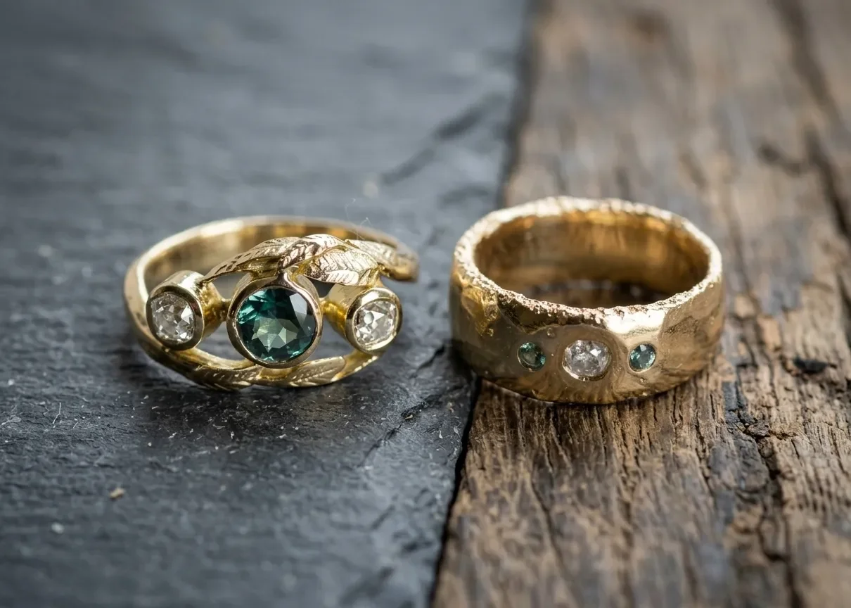 Two gold rings with gemstones on a split stone and wooden surface.