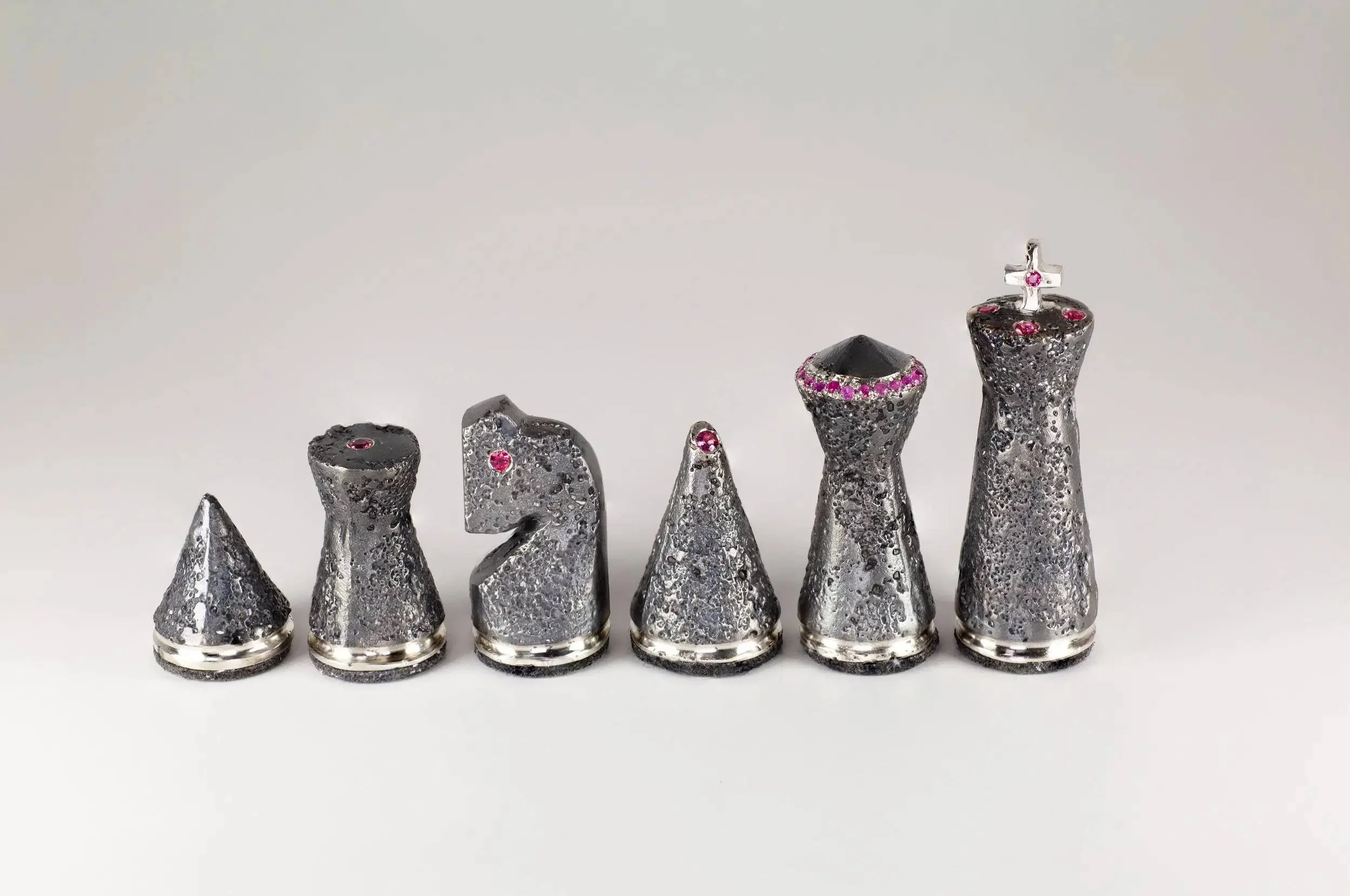 CHESS SET No.1 - Black set - Oxidised solid Sterling Silver set with pink spinels and pink sapphires (Queen only)
