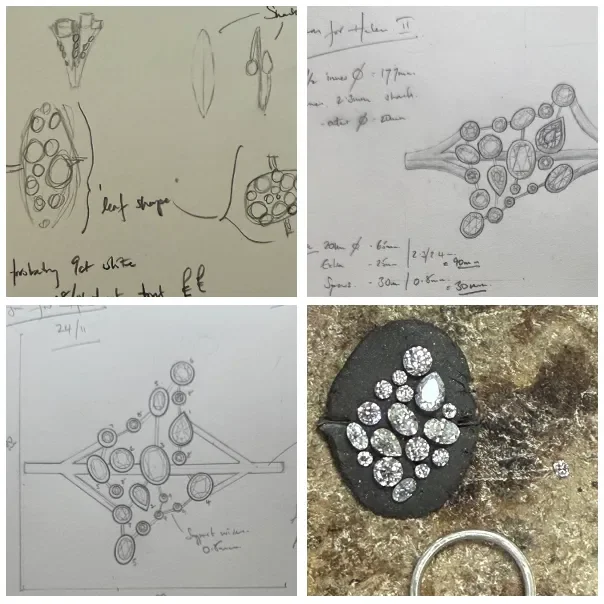 Top left: Hand-drawn sketches of gemstones or jewelry designs. Top right: Pencil sketch of a jewelry piece with detailed measures and annotations. Bottom left: Technical drawing of a jewelry setting with measurements. Bottom right: Photograph of a circular arrangement of gemstones on a black surface, with a ring in the bottom right corner.
