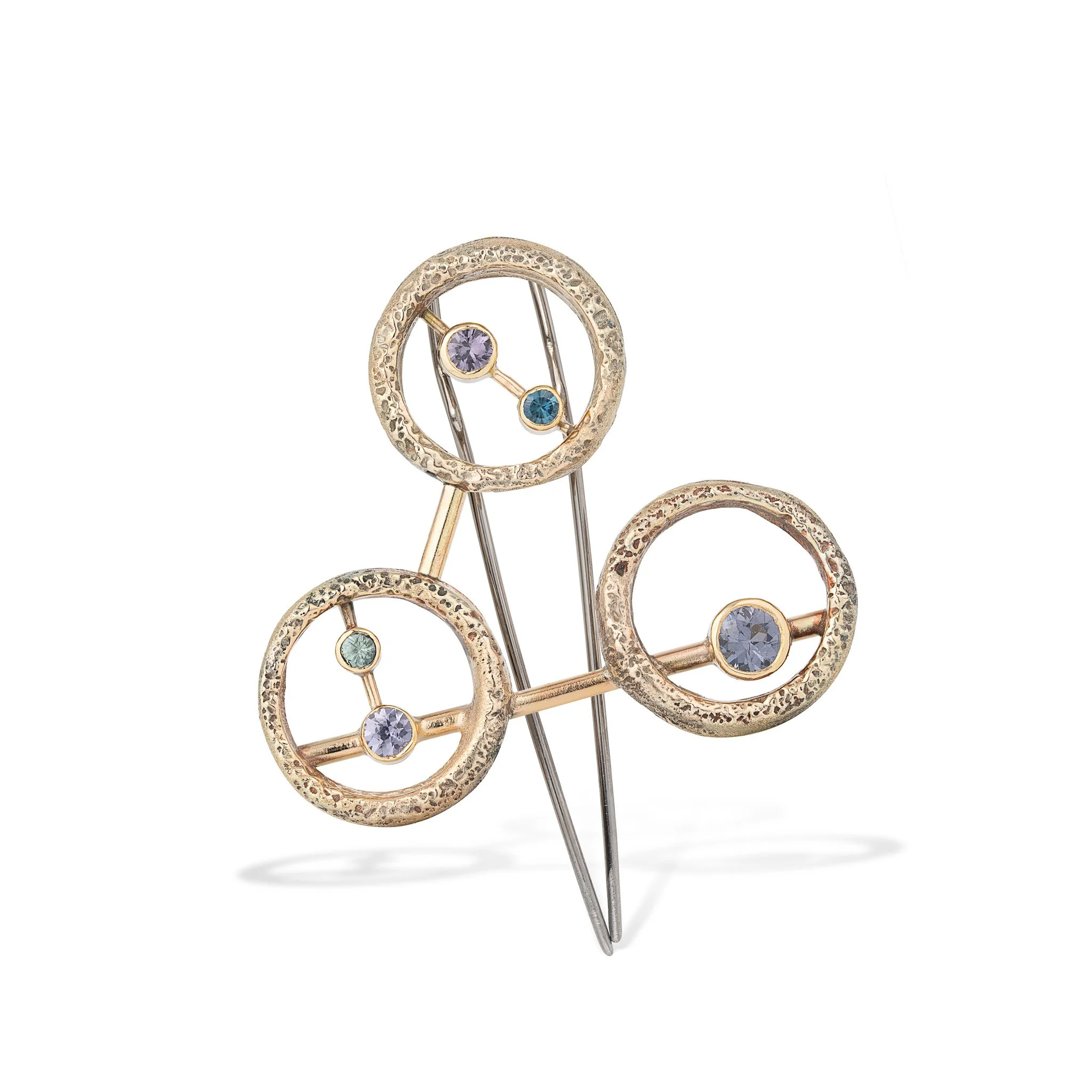 ATOMIUM Brooch - Stunning 9ct gold sandcast triple hoop brooch with tube set sapphires and spinels