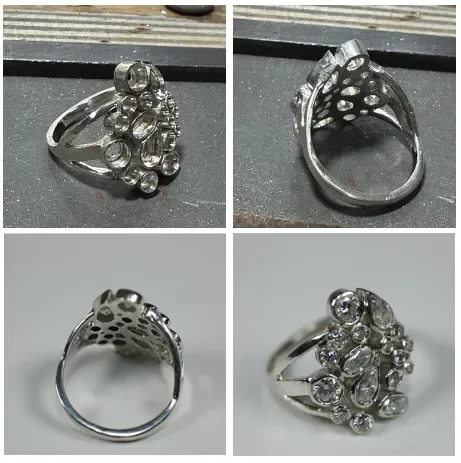 A silver ring with multiple clear gemstones, shown from different angles on a black background.