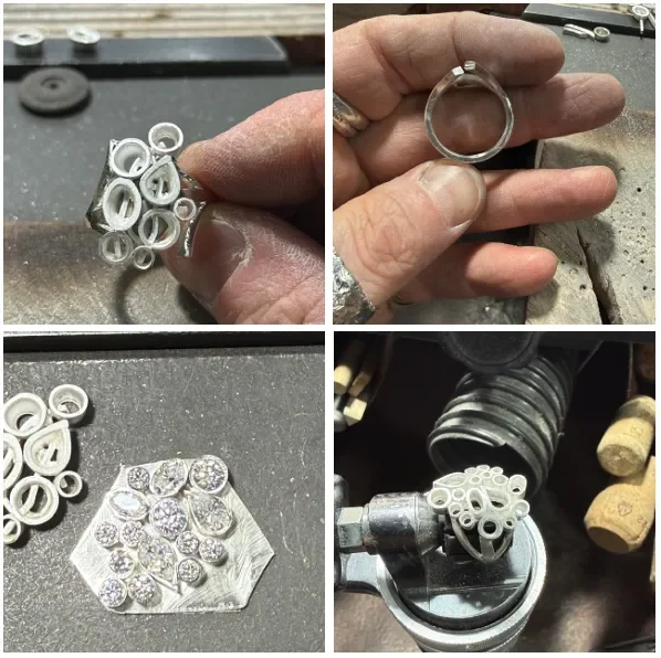 Close-up images of jewelry making process: silver rings with multiple circular designs, a hand holding a finished silver ring, a sheet with small diamond-like stones, and a jewelry setting machine with a partially assembled ring.