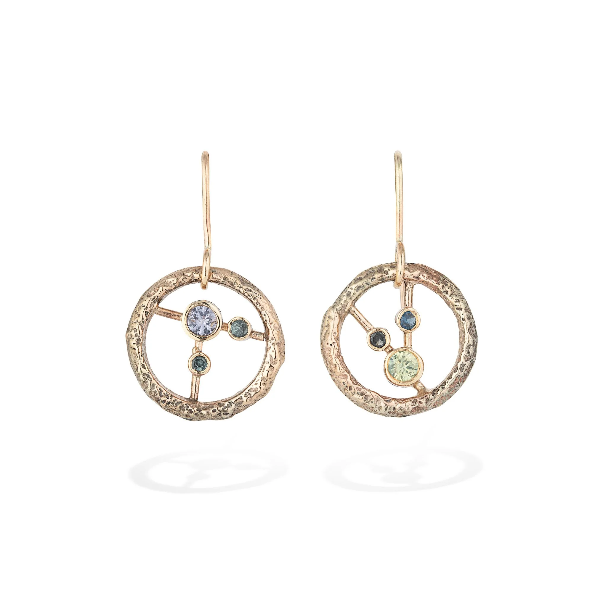 ATOMIUM EARRINGS 2 - Statement stud earrings, 9ct gold sandcast hoops with tube set spinels and sapphires