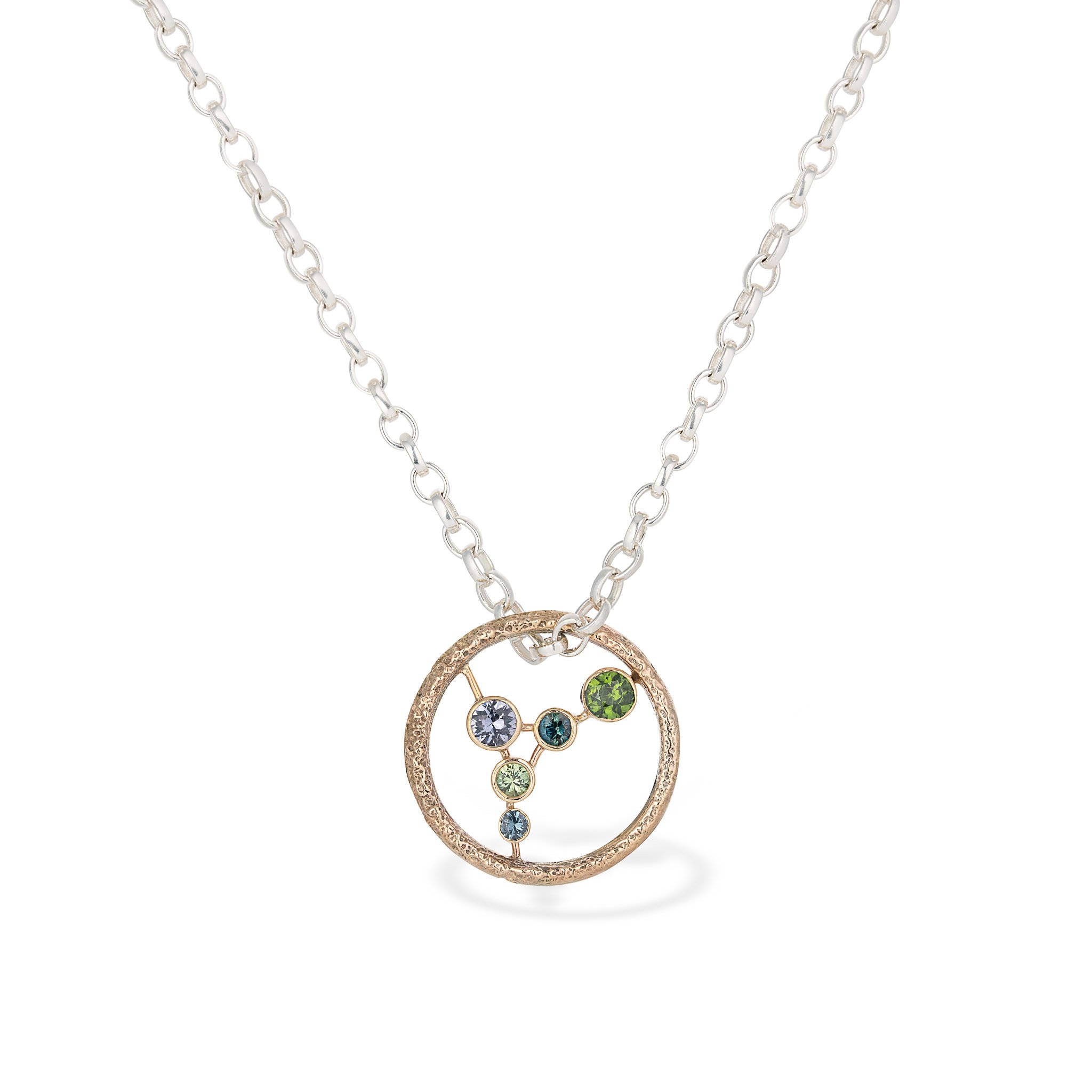 ATOMIUM PENDANT 1 - Stunning 9ct gold sandcast hoop pendant with tube set spinel and sapphires