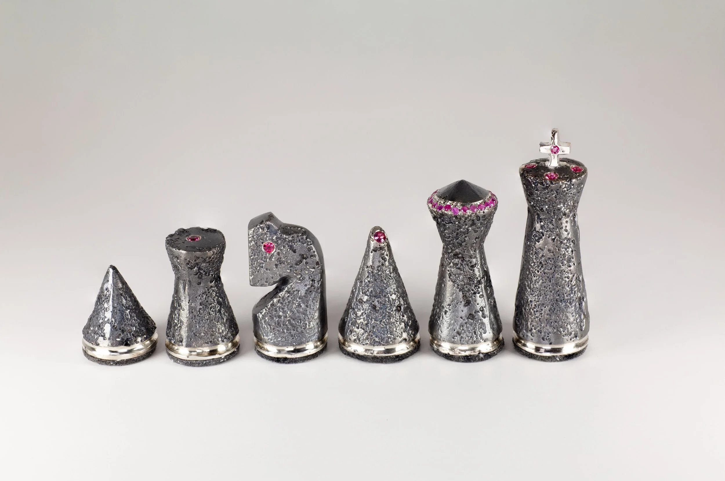 CHESS SET No.1 - Black set - Oxidised solid Sterling Silver set with pink spinels and pink sapphires (Queen only)