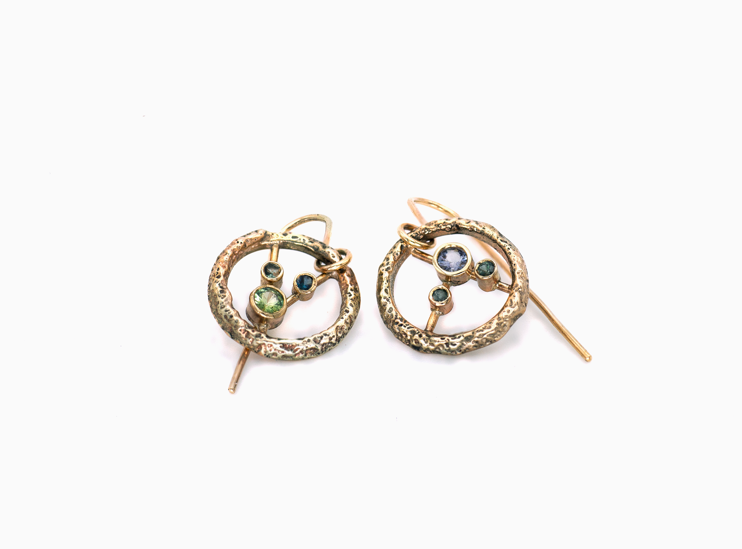 ATOMIUM EARRINGS 1 - Eyecatching drop earrings, 9ct gold sandcast hoops with tube set spinel and sapphires