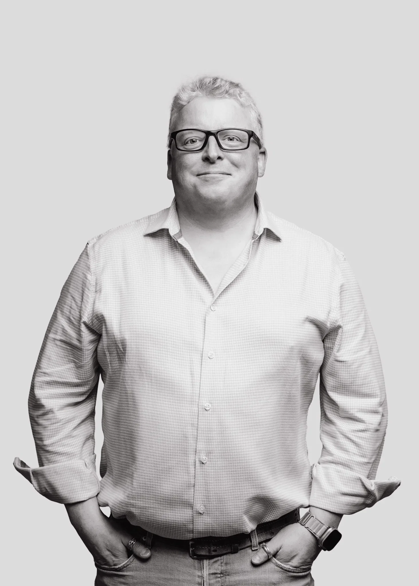 A black and white photo of a Iain Sainsbury, Goldsmith