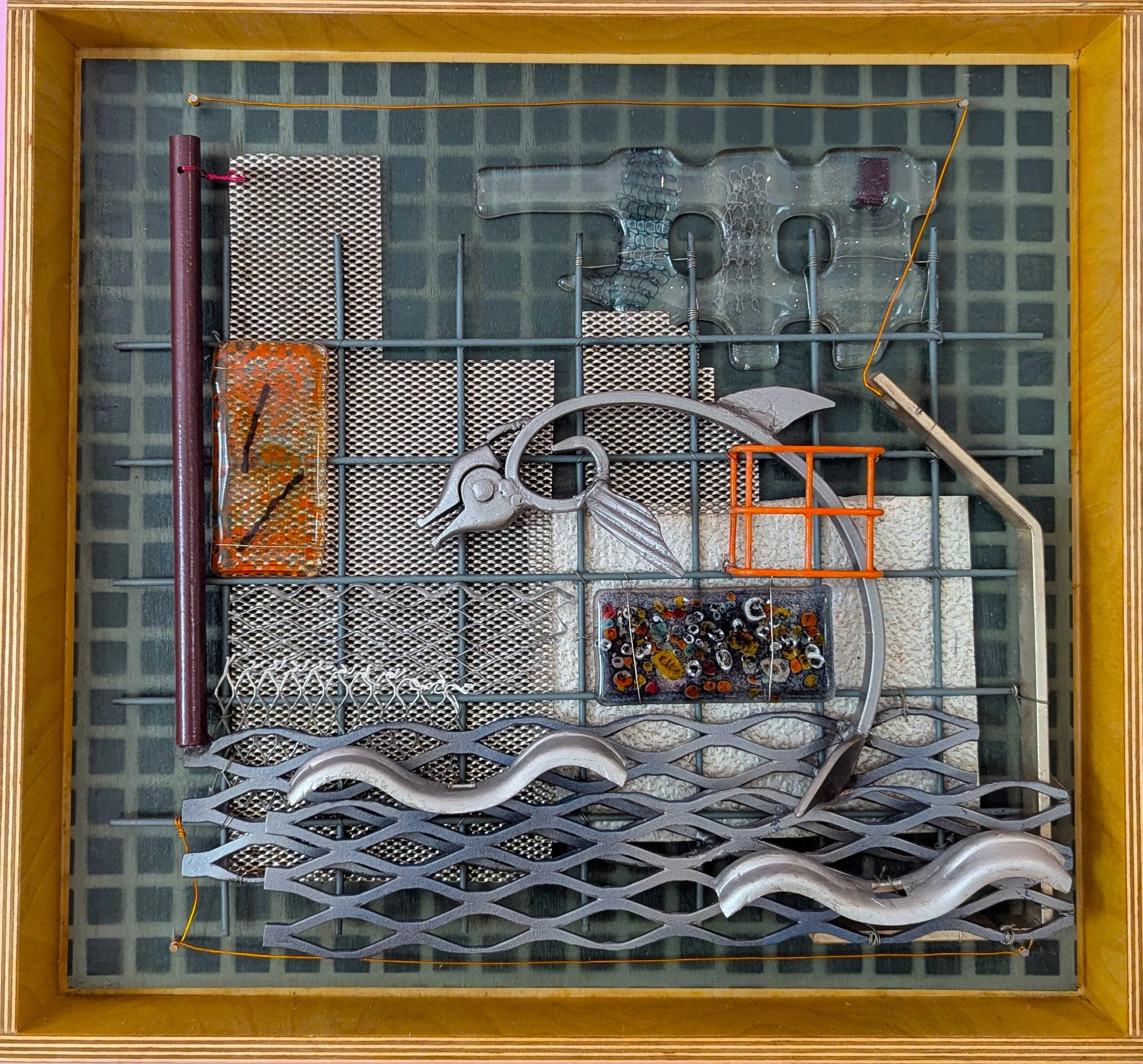 Moment, 
42x39x6cm, 2023.
Reclaimed metal & fused glass on board.
