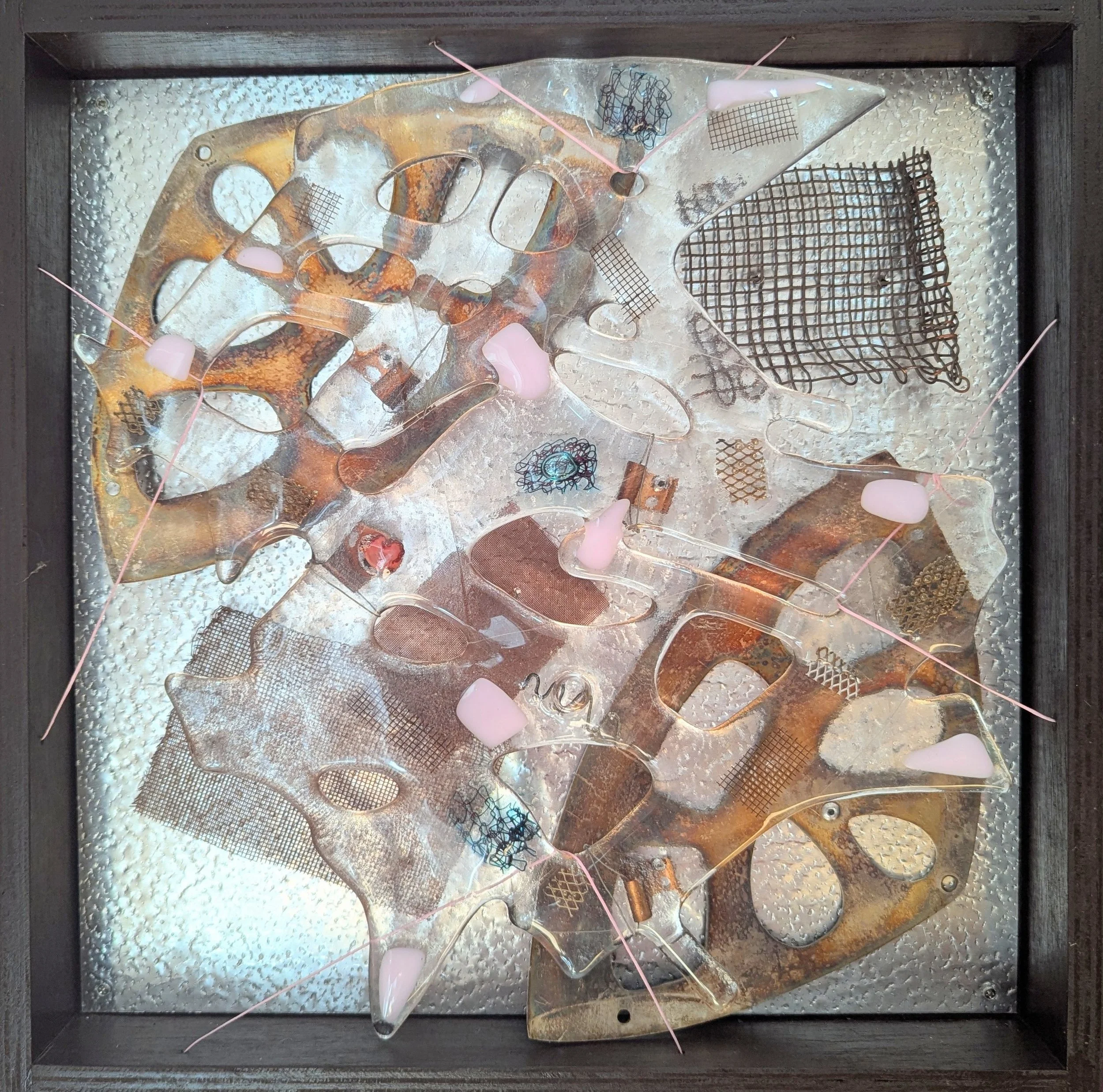 Behind Glass: Pink,
33x33x4cm, 2026.
Fused glass & found metal.
