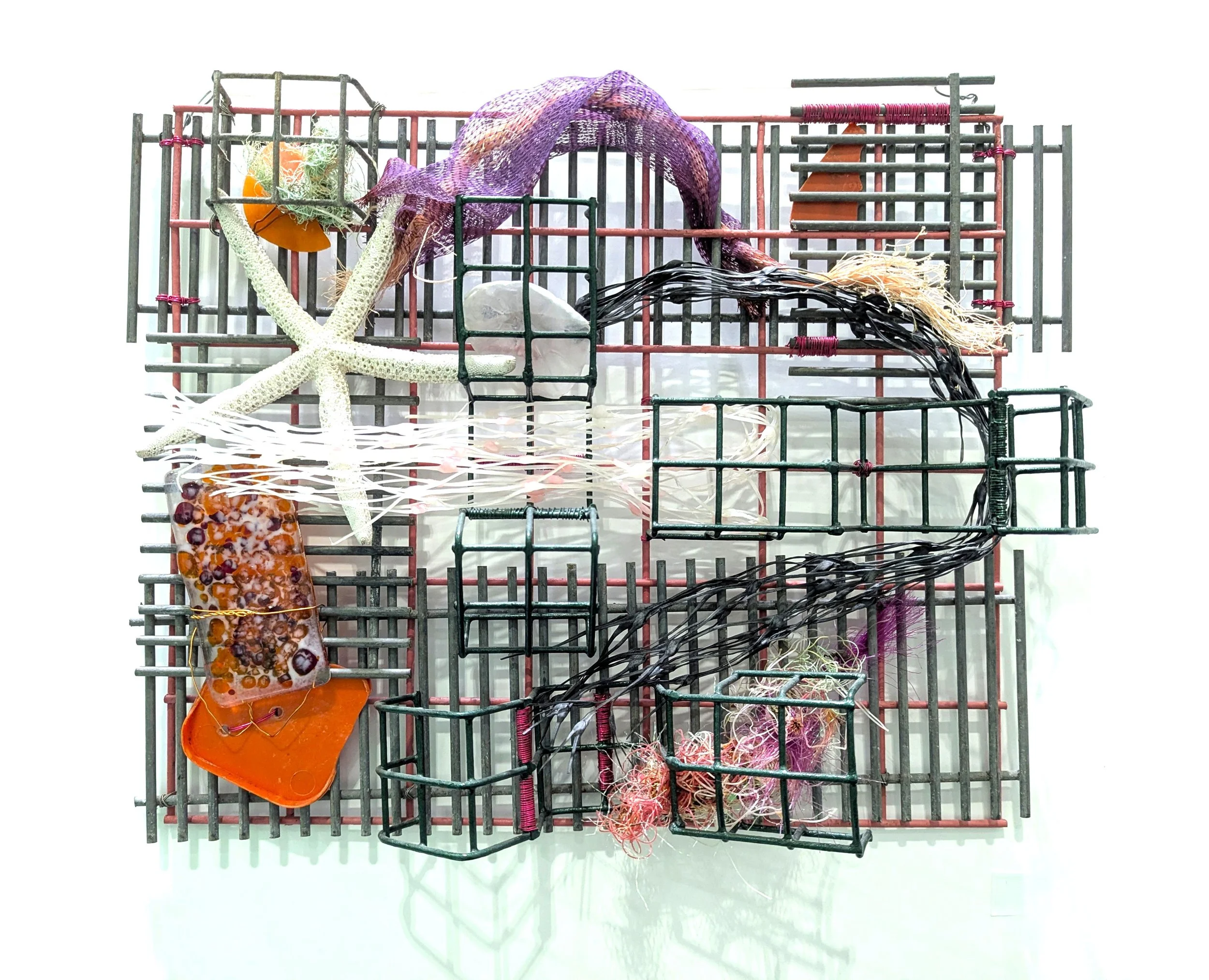 Sea Circuit, 2023, 32x28x8cm, salvaged metal grid, fishing twine, sea plastic and starfish skeleton