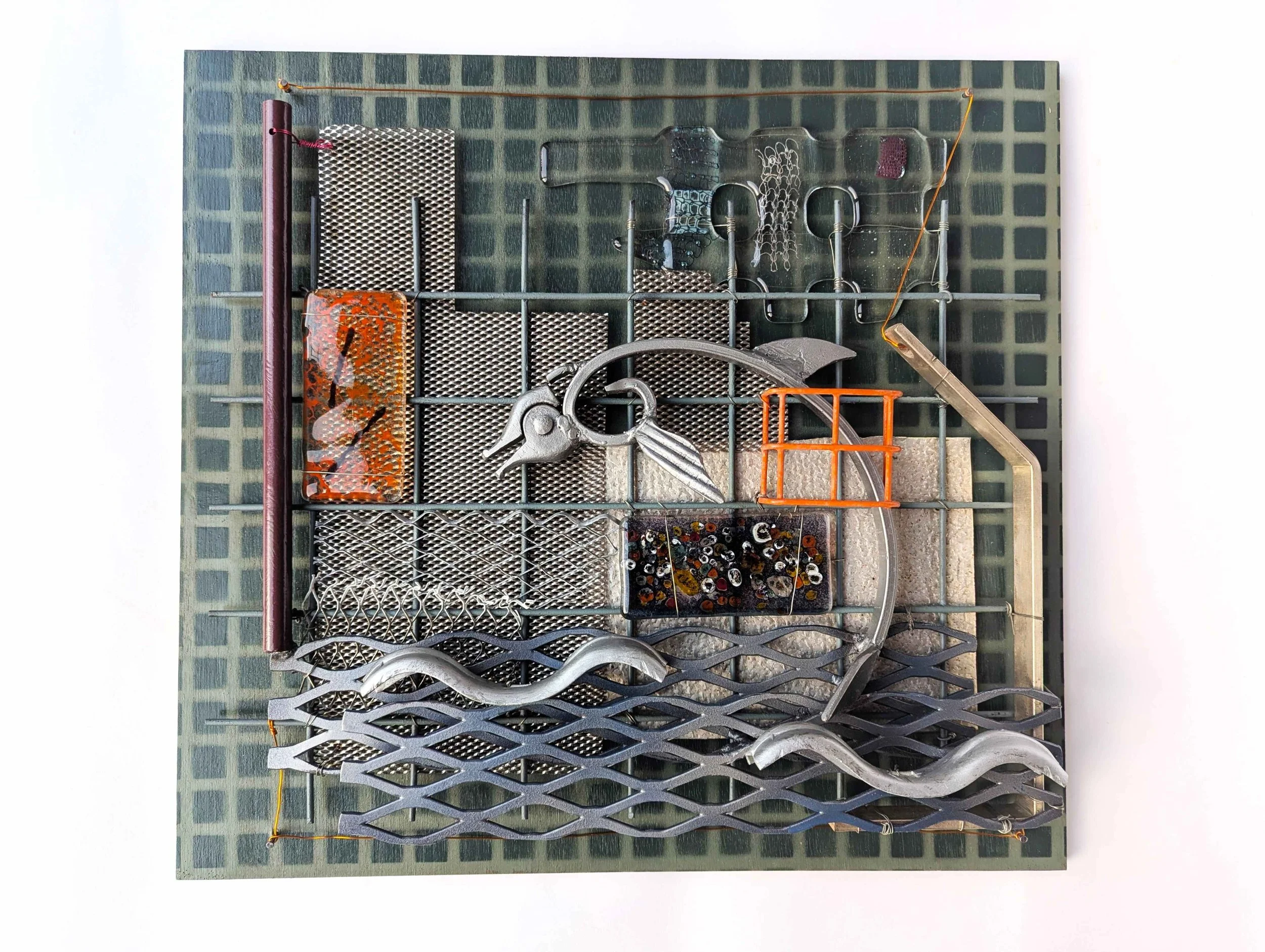 Moment, 2023, 42x39cm, reclaimed metal and fused glass on board