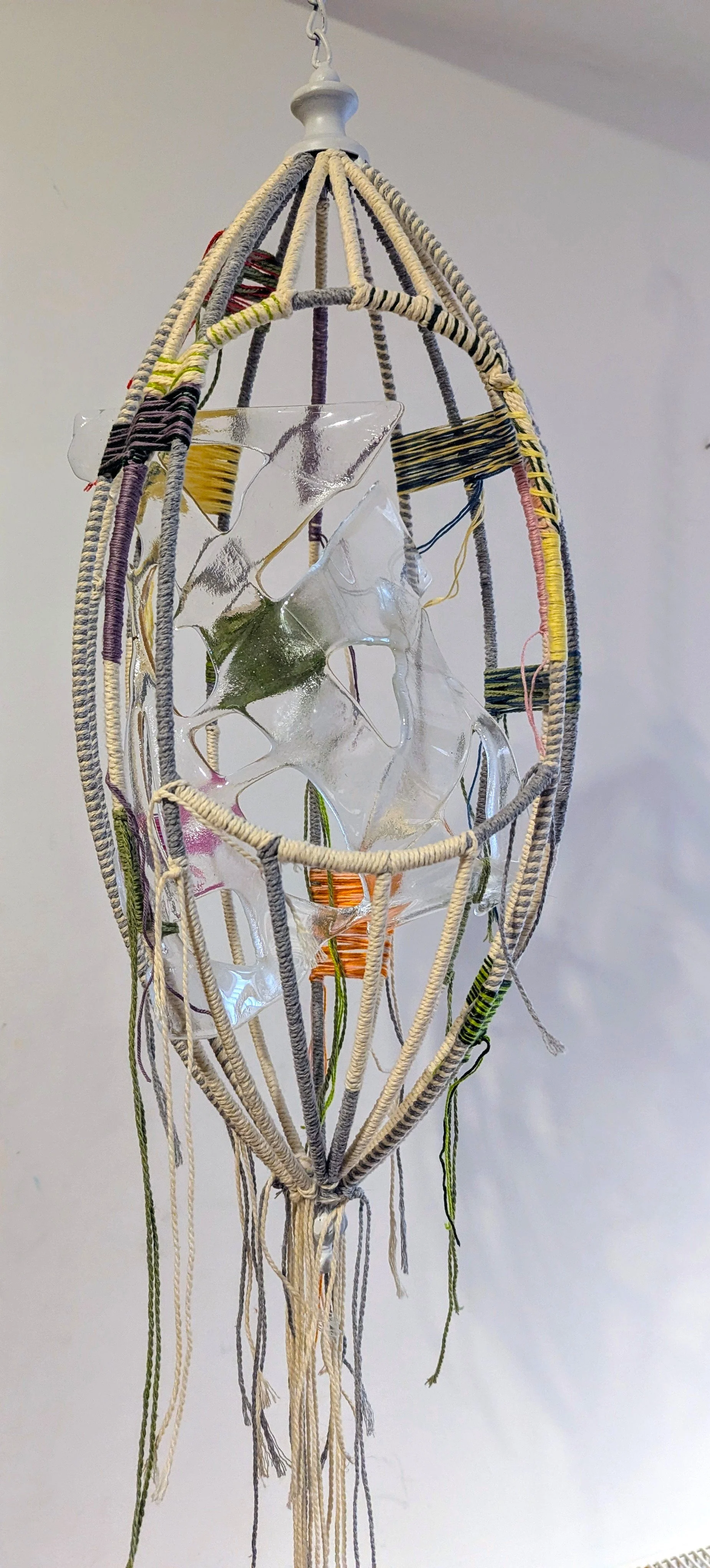 Insider, 2025, 66x27x27cm, reclaimed metal, fused & slumped glass, yarn