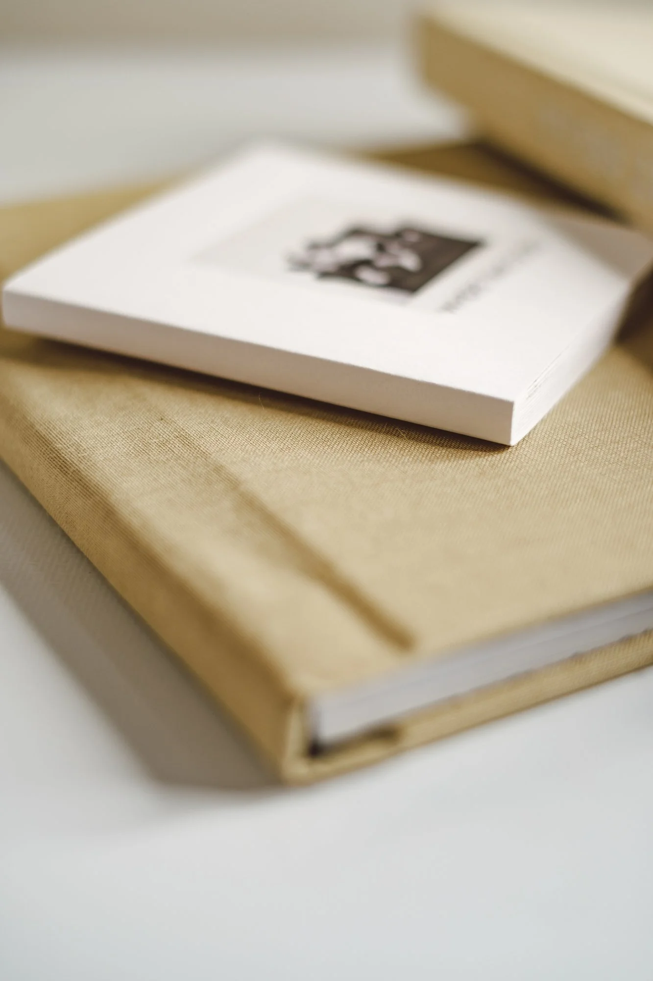 Stack of books with beige cloth covers on a white surface