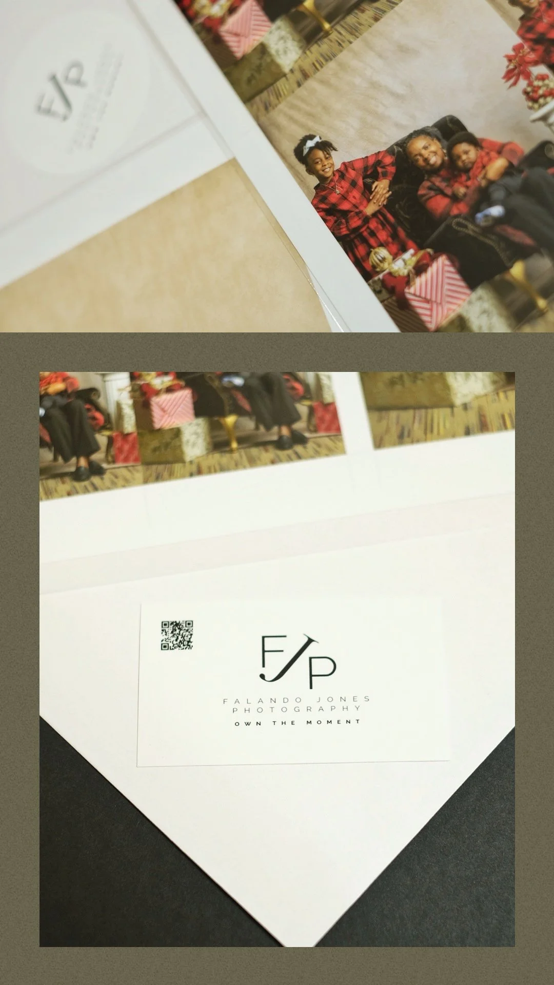 Close-up of a printed photography portfolio featuring Falando Jones Photography logo and tagline 'Own the Moment,' with family portraits above.