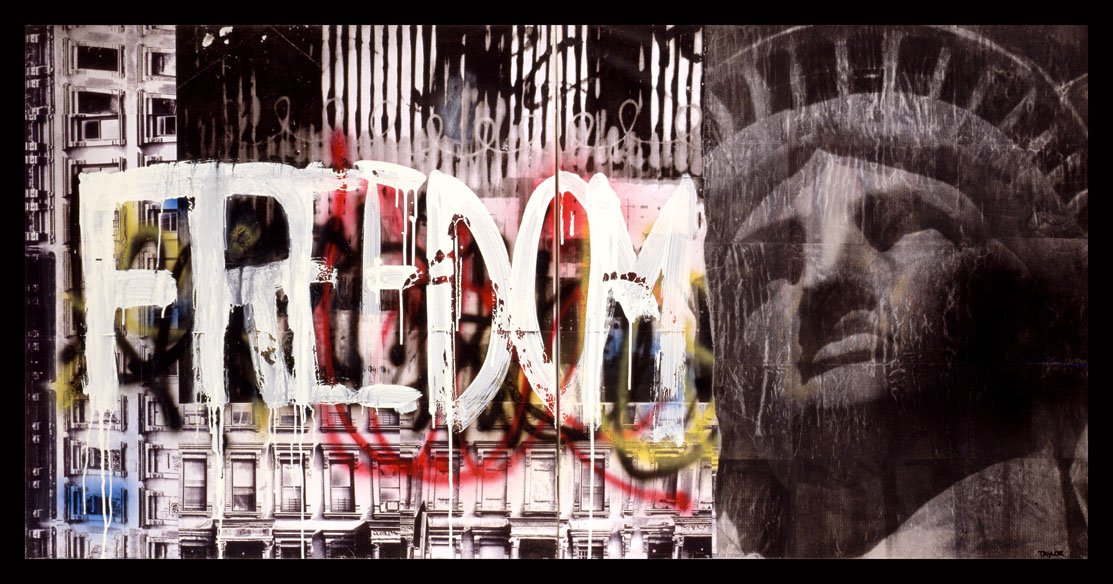 FREEDOM, 2003 • PAPER COLLAGE, SPRAY AND ACRYLIC ON CANVAS • 39 1/2 X 78 3/4 INCHES
