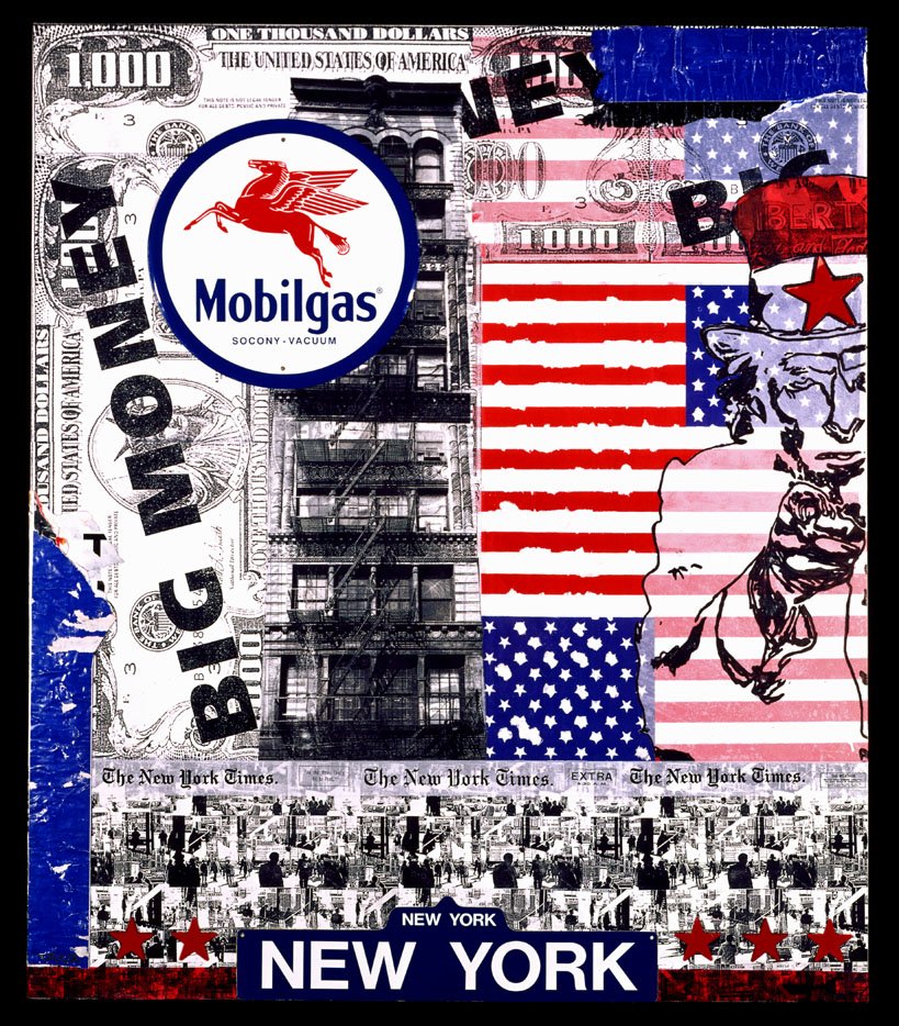 NO BLOOD FOR OIL, 2003 • PAPER COLLAGE, FELT-TIP PEN, PLASTIC AND METAL ON CANVAS PANEL • 42 X 36 INCHES