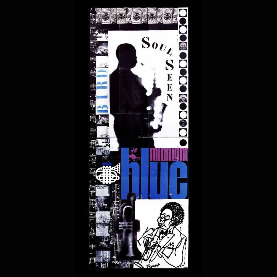 SOUL SEEN, 2002 • PAPER COLLAGE, WOOD, FELT-TIP PEN AND SPRAY ENAMEL ON CANVAS PANEL • DIPTYCH 96 X 36 INCHES