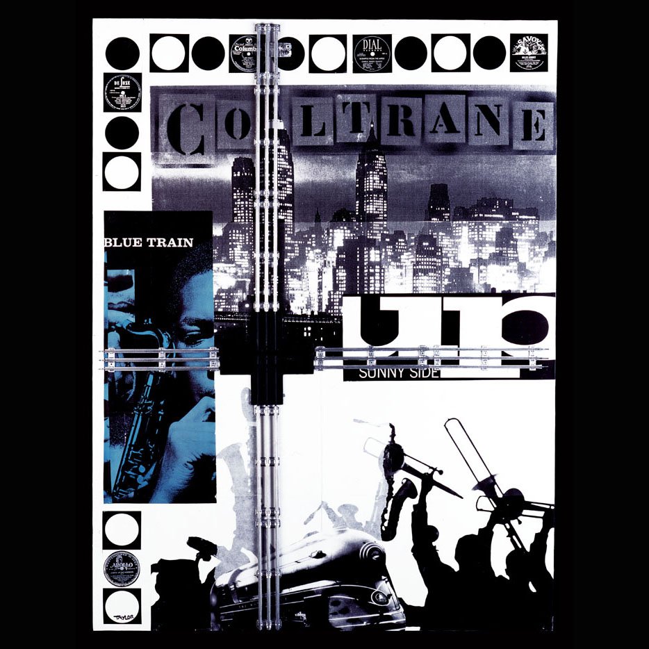 COLTRANE, 2002 • PAPER COLLAGE, SPRAY ENAMEL, PLASTIC AND METAL ON CANVAS PANEL • 48 X 36 INCHES
