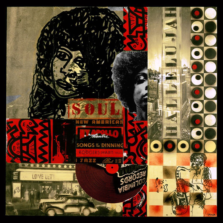 HALLELUJAH, 2002 • PAPER COLLAGE, FELT-TIP PEN, CHARCOAL, SPRAY ENAMEL AND WOOD ON CANVAS PANEL • 48 X 48 INCHES • PRIVATE COLLECTION