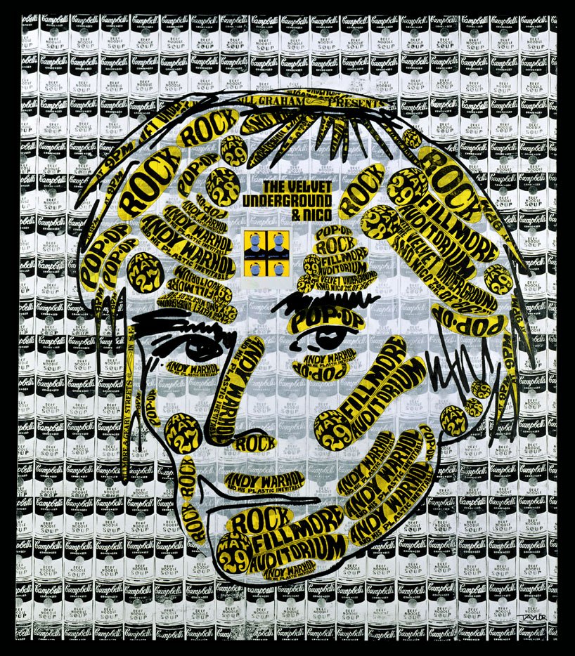 WARHOL IN YELLOW, 2003 • PAPER COLLAGE AND FELT-TIP PEN ON CANVAS PANEL • 42 X 36 INCHES