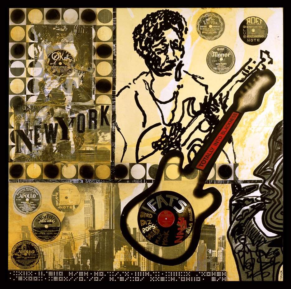 CHARLIE CHRISTIAN PLUGS INTO JAZZ, 2002 • PAPER COLLAGE, FELT-TIP PEN, SPRAY ENAMEL, VINYL AND WOOD ON CANVAS PANEL • 48 X 48 INCHES