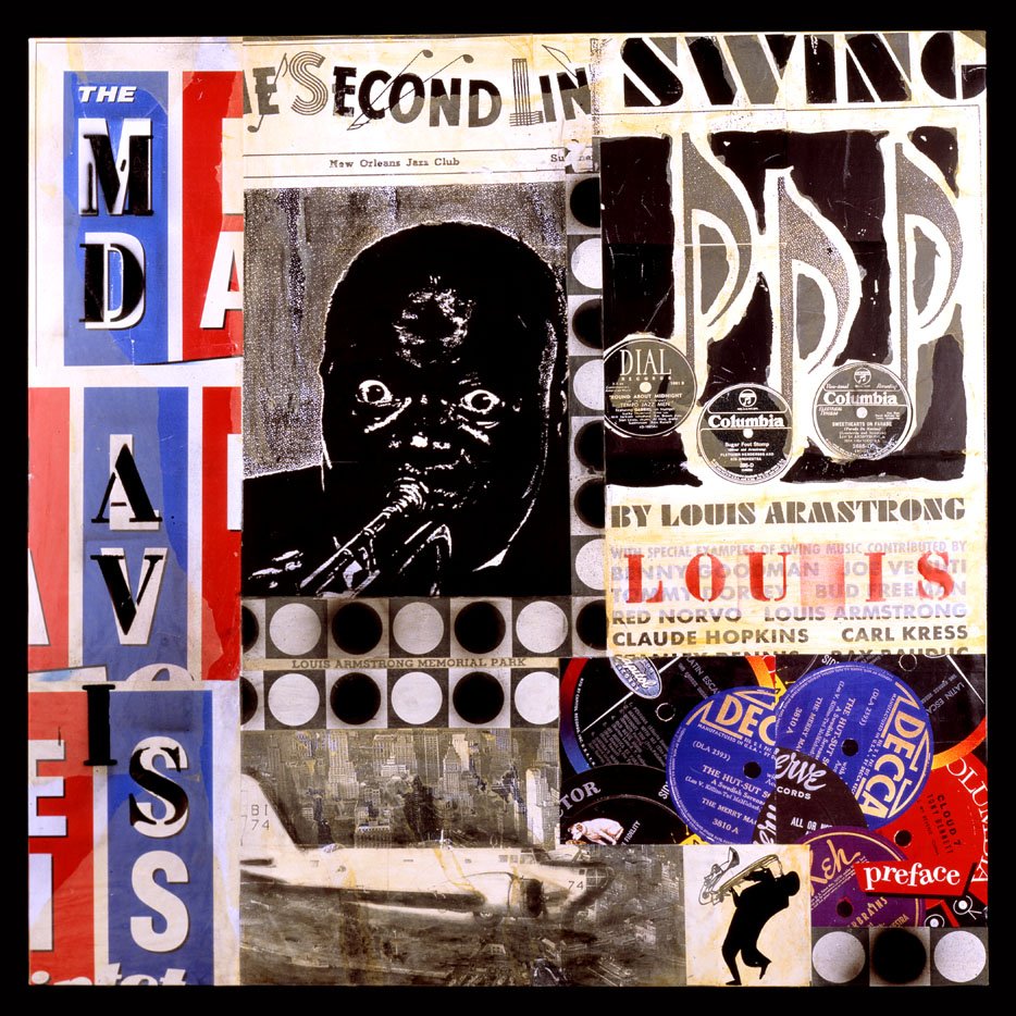 LOUIS, 2002 • PAPER COLLAGE, ACRYLIC, FELT-TIP PEN AND SPRAY ENAMEL ON CANVAS PANEL • 48 X 48 INCHES • PRIVATE COLLECTION