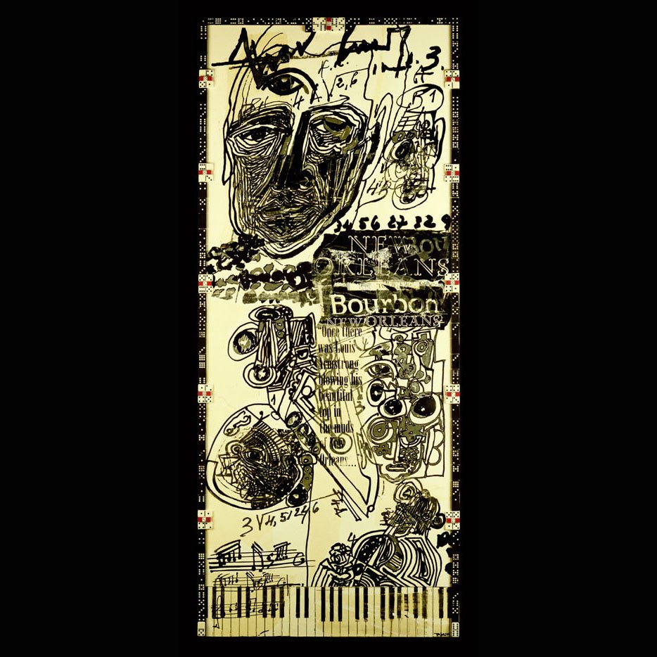 NEW ORLEANS STATE OF MIND, 2002 • PAPER COLLAGE, FELT-TIP PEN AND WOOD ON CANVAS PANEL • 72 X 30 INCHES • PRIVATE COLLECTION