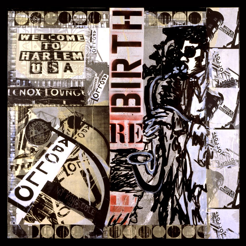 HARLEM RENAISSANCE, 2002 • PAPER COLLAGE, ACRYLIC, FELT-TIP PEN AND SPRAY ENAMEL ON CANVAS PANEL • 48 X 48 INCHES • PRIVATE COLLECTION