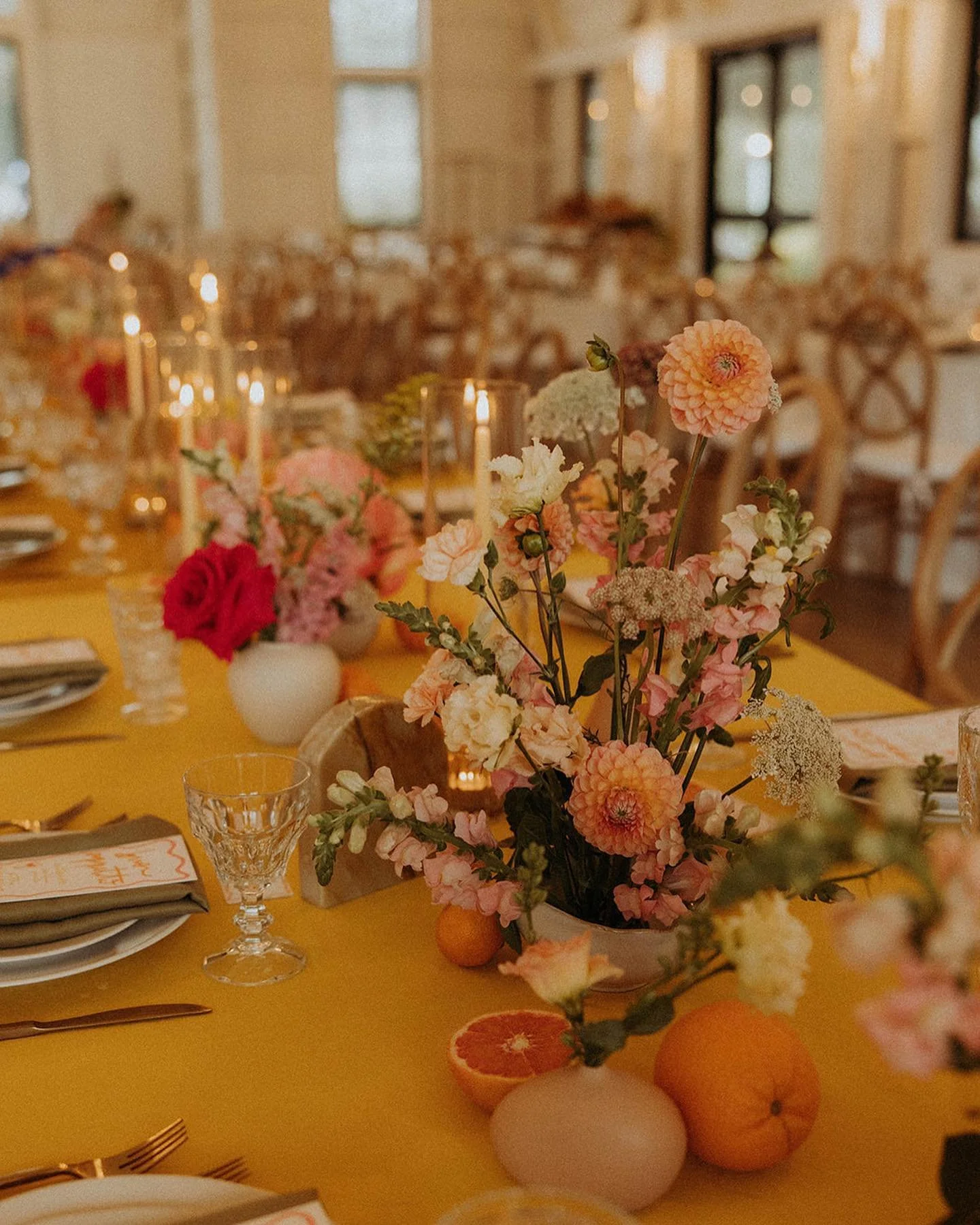 Honored that our clan of clears made it into this incredibly GORG citrus-infused design for a wedding in NH a few weeks ago 🤩🌺🕯️🌹🍊🌼 the vintage shots have me 🥹📸

Planning + Design: @maddenmadeevents 
Venue: @thegreenerynh
Photographer: @pinea