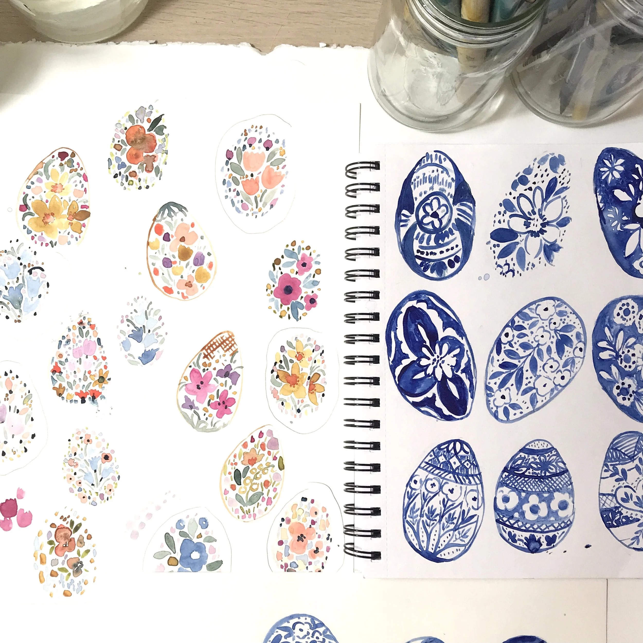 watercolor painting, sketchbook, easter eggs, pysanky blue eggs