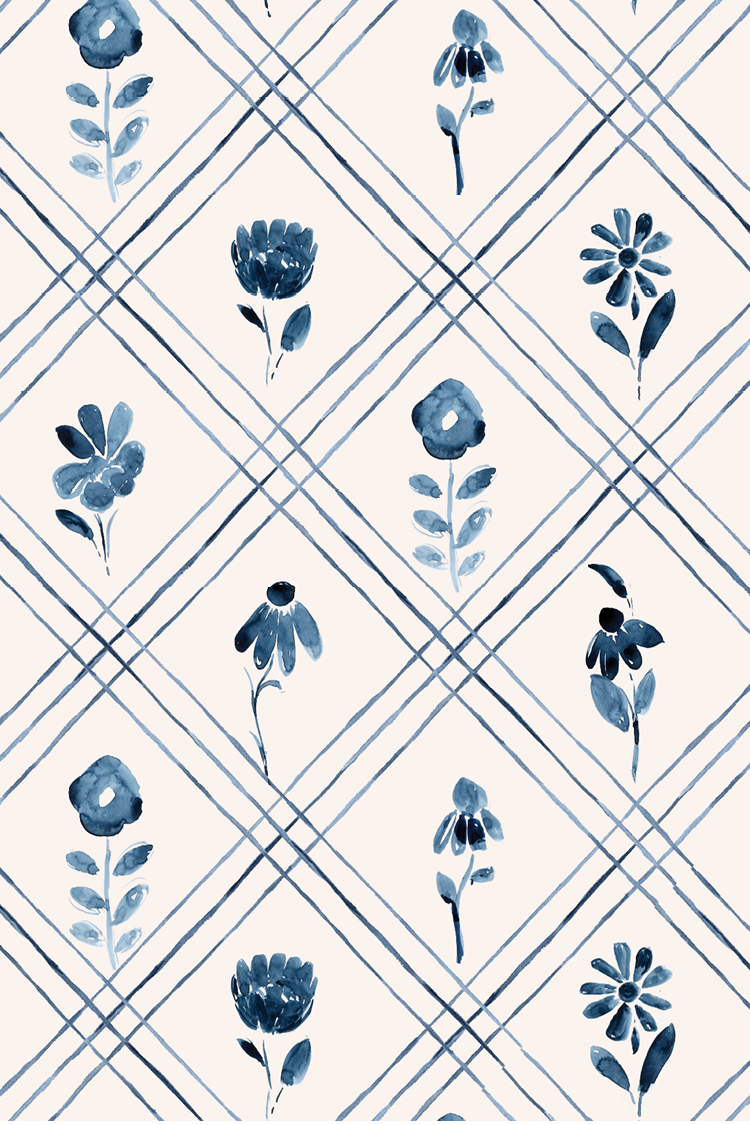 Indigo Navy Floral plaid harlequin