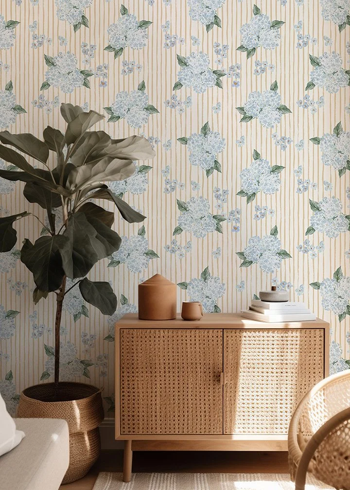 Hydrangea Wallpaper, coastal wallpaper, modern coastal wallpaper