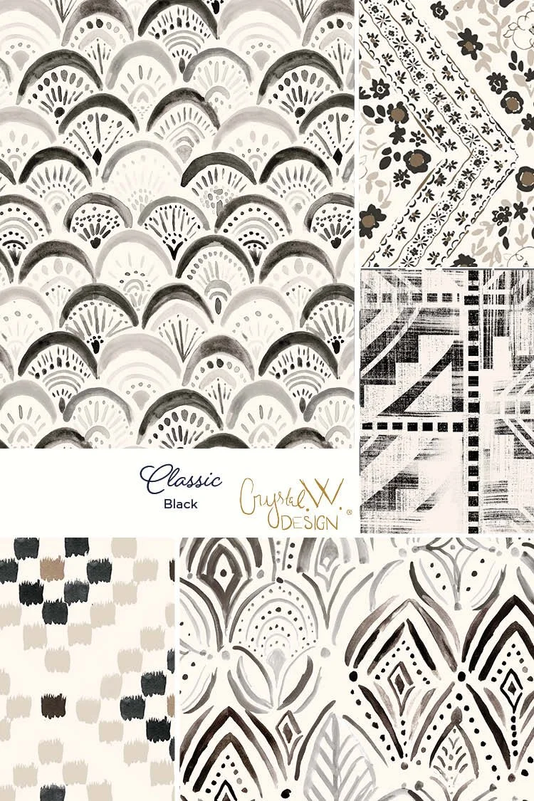 swimwear print pattern, crystal walen design, surface pattern design licensing, black and white patterns