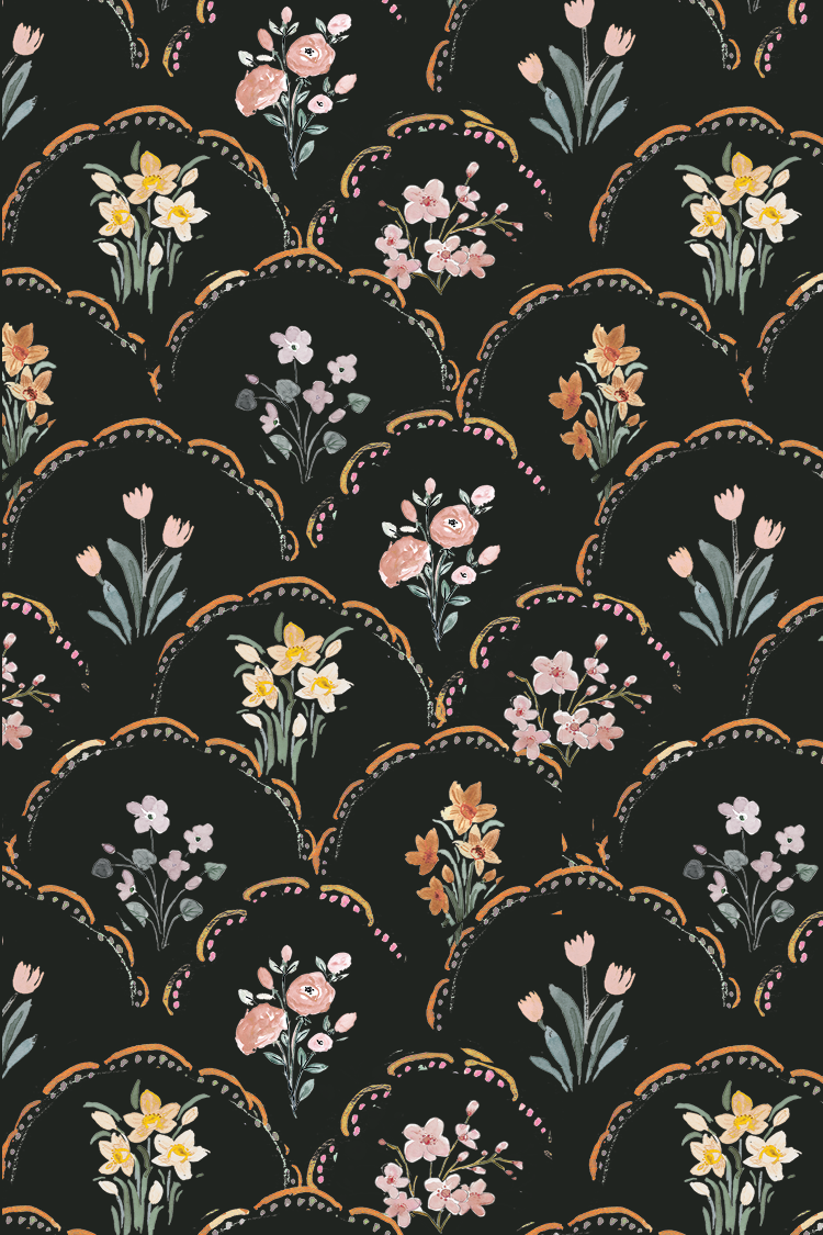 Floral Scallop Study vintage on black with delicate lace scallop