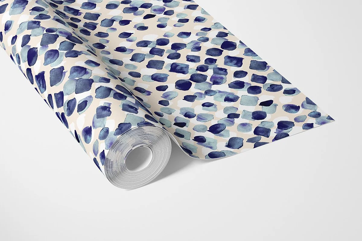 Indigo Rain Wallpaper, dark and light blue droplets on a cream ground