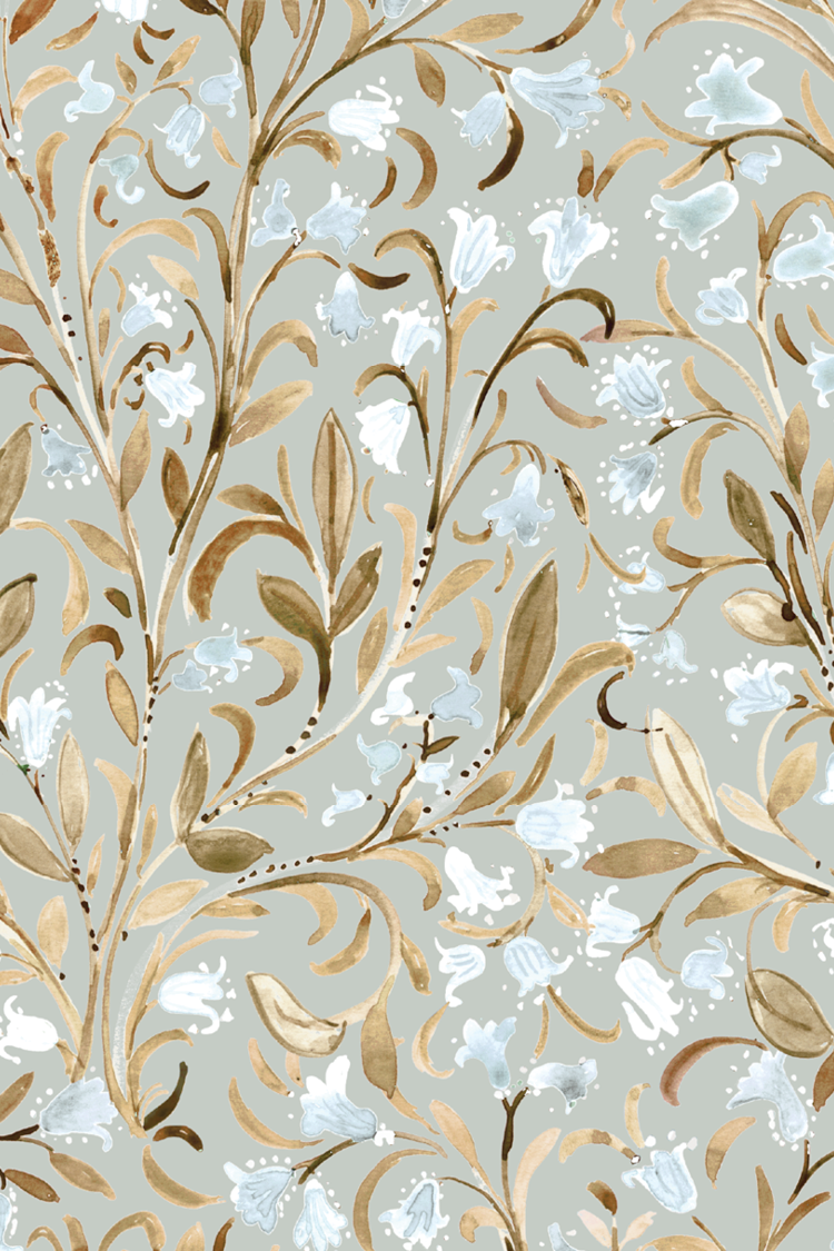 Bell Flower quiet blue, soft little blue bells trailing with brass leaves