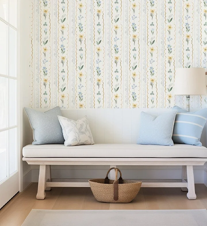 Hydrangea Wallpaper, coastal wallpaper, modern coastal wallpaper, blue floral wallpaper