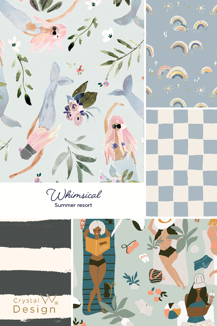 art licensing, people, women, illustration, pattern, beach, sunbathing, hula girls, palm trees, cabana, mermaids, rainbows, checker, stripe