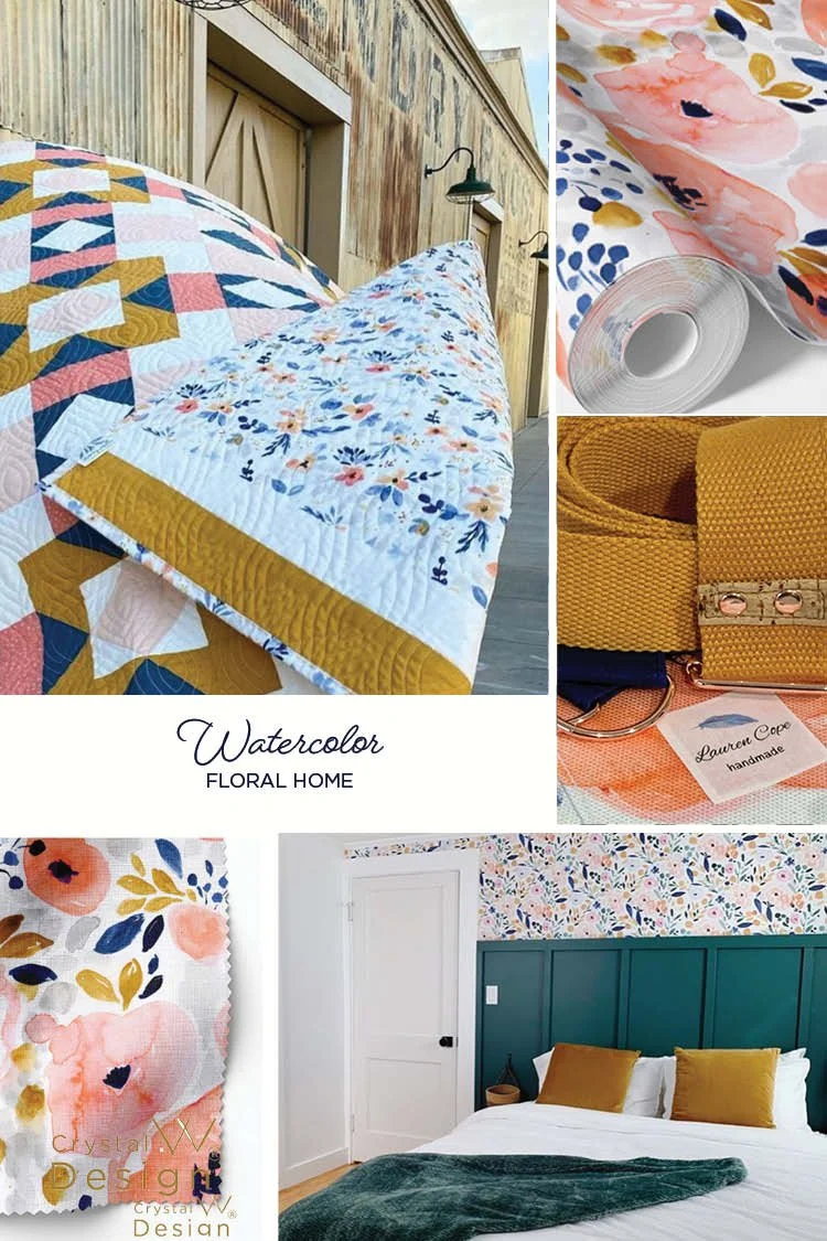 home decor floral prints, peach and blue floral, watercolor floral print pattern, watercolor floral art licensing