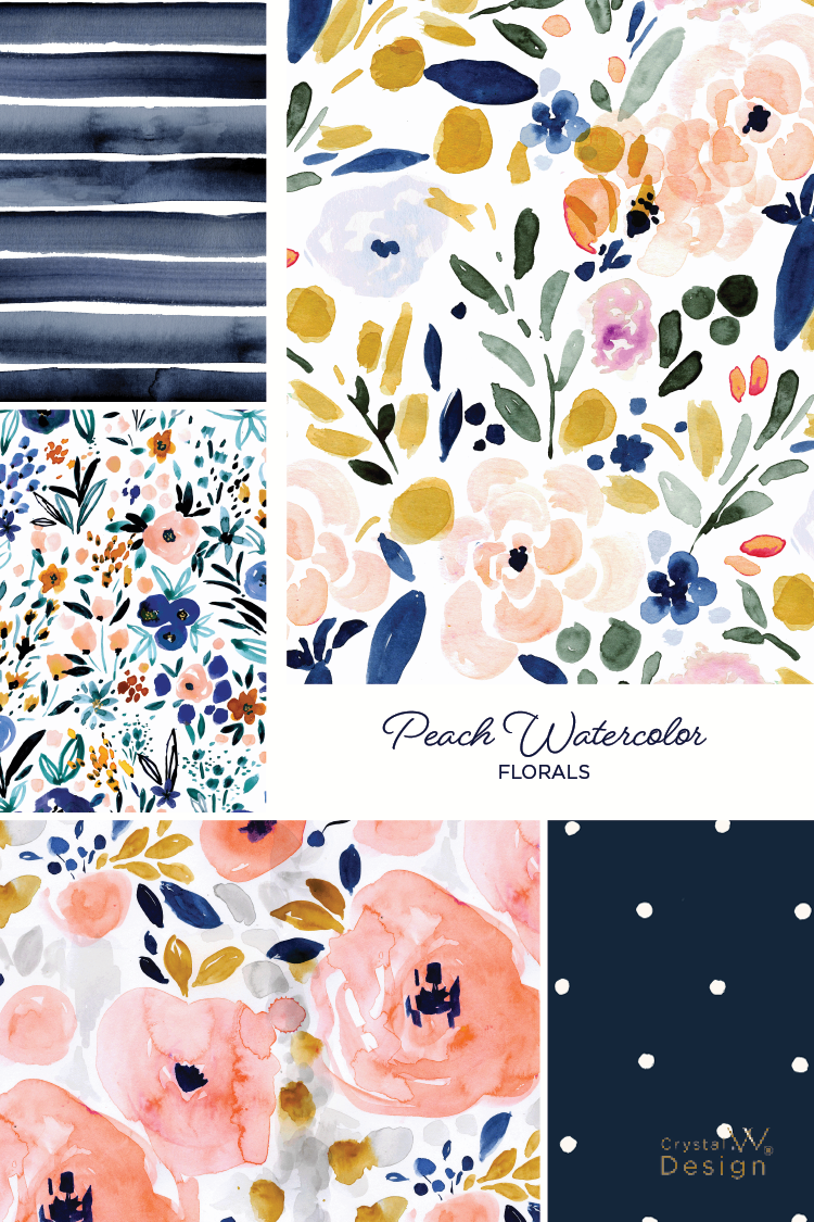 floral art, watercolor, Peach, blue, gold, collection