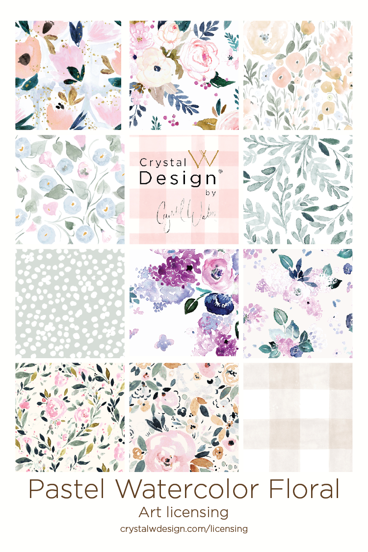 Pastel Watercolor Florals Collection of seamless patterns for art licensing, with soft pastel shades of blue, pink, purple, peach and pops of bold greens and blues in leaves
