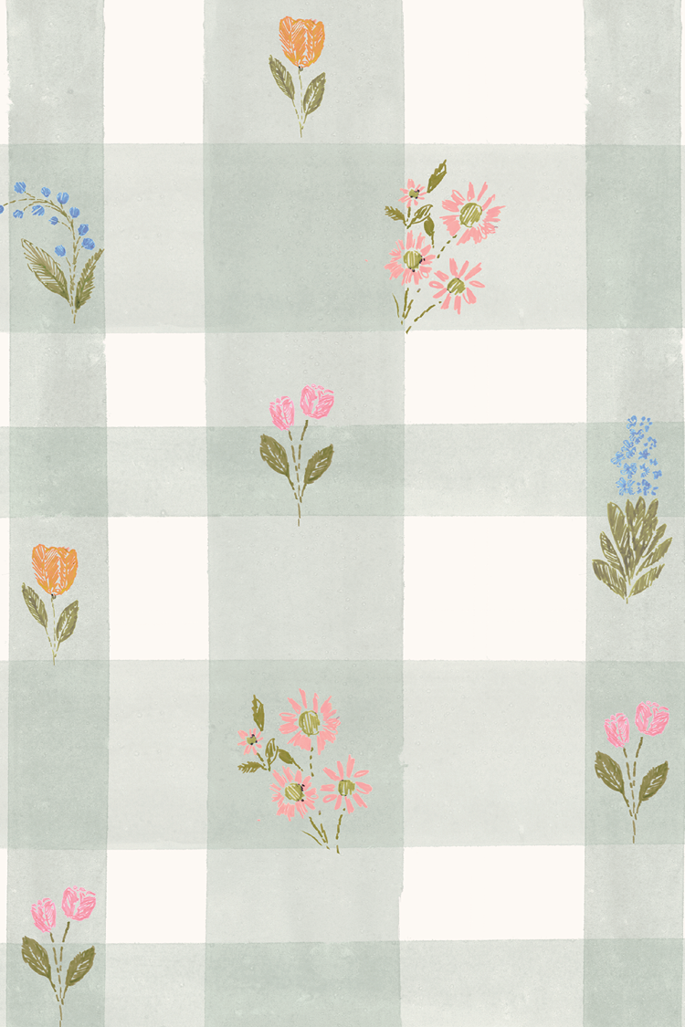 Summer Heirlooms plaid with little embroidery inspired drawn flowers in pink rust and blue with olive leaves on a soft blue green simple plaid wallpaper