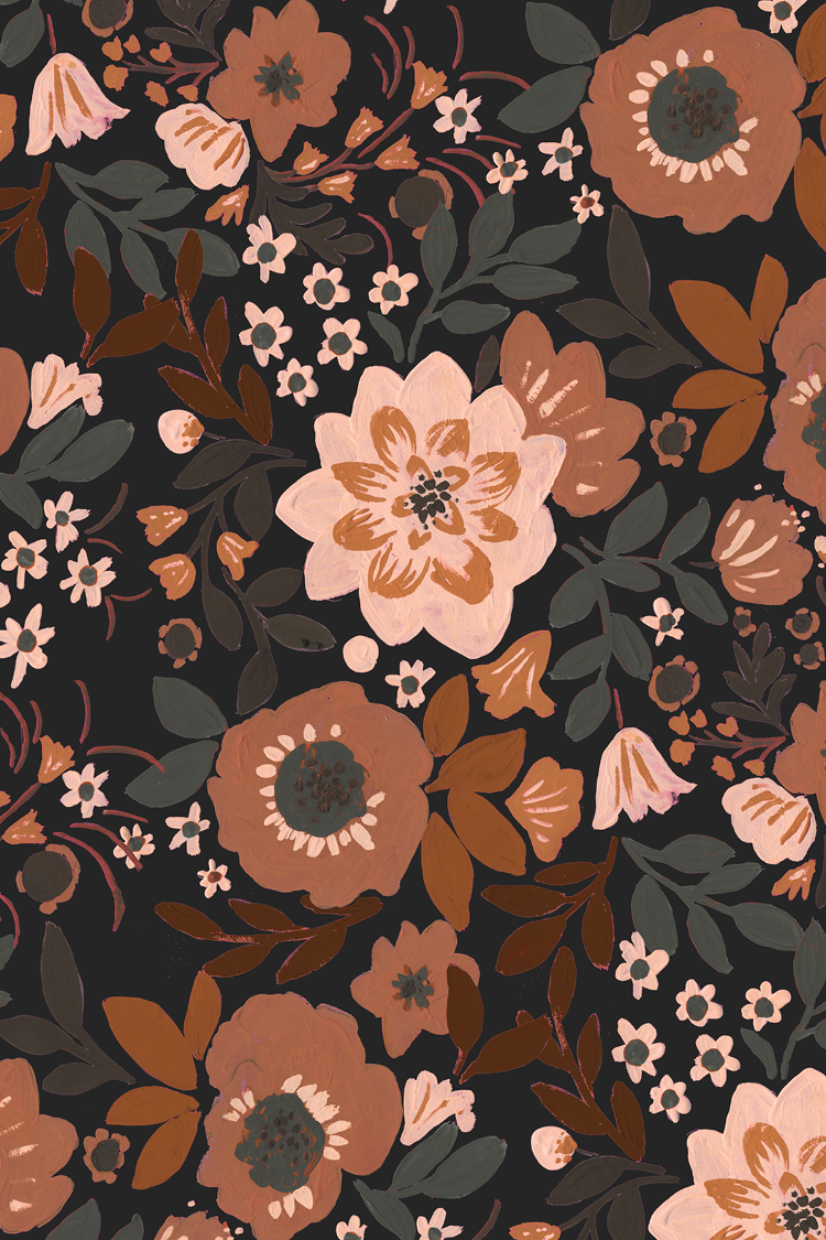 Lisa Floral Autumn Retro stylized flowers in gouache in copper, teal, blush on black