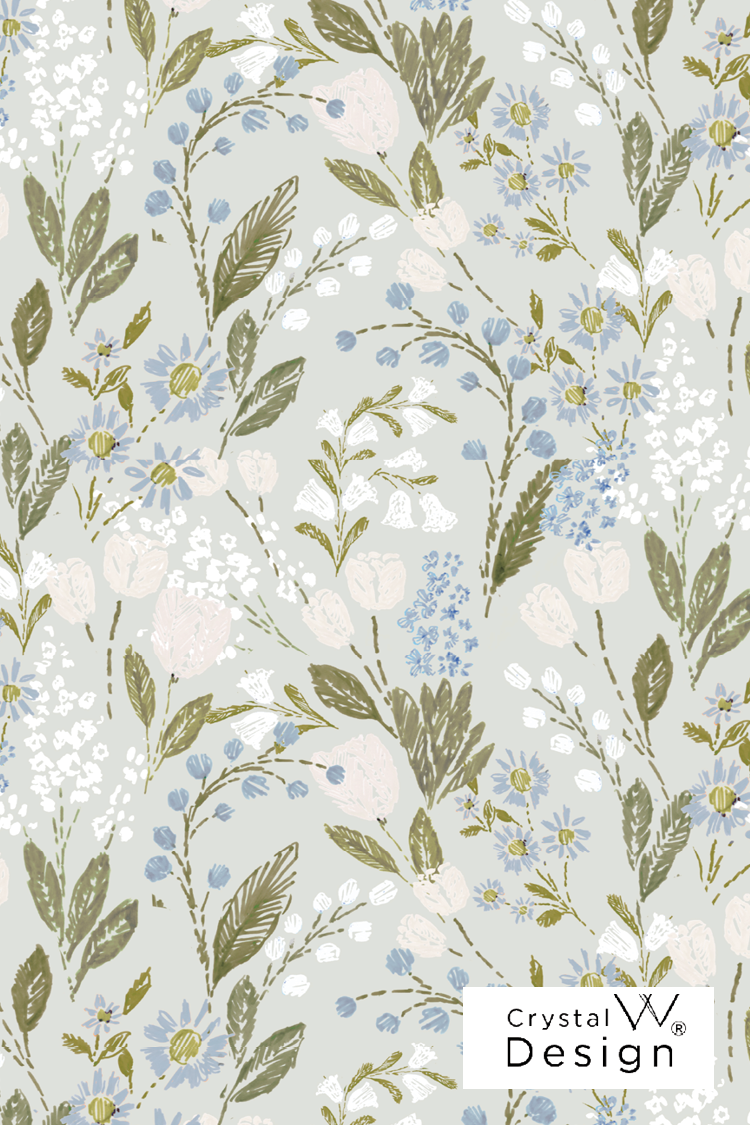 Floral Wallpaper, blue green, embroidery 