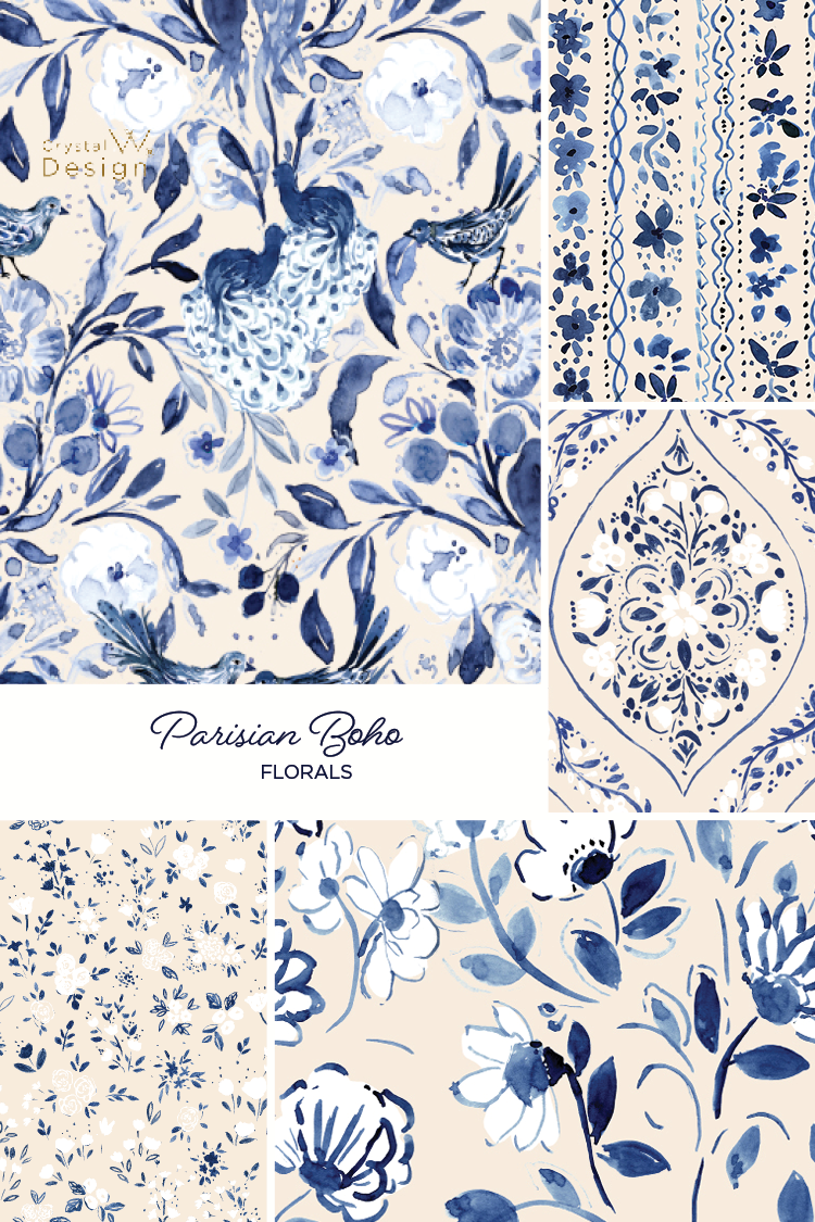 floral, patterns, prints, home decor, traditional, watercolor, chinoiserie, blue, parisian boho