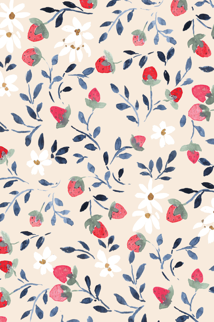 Strawberry Vines Cream pattern with bright pink berries white daisy flowers, blue trailing leaves, and quiet green berry stems on cream