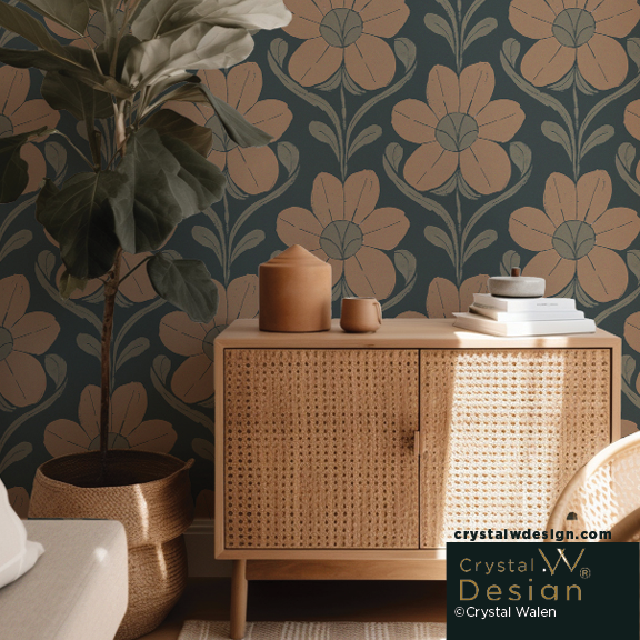 Floral wallpaper, retro, moody, dark, leather, sage, midnight blue ground