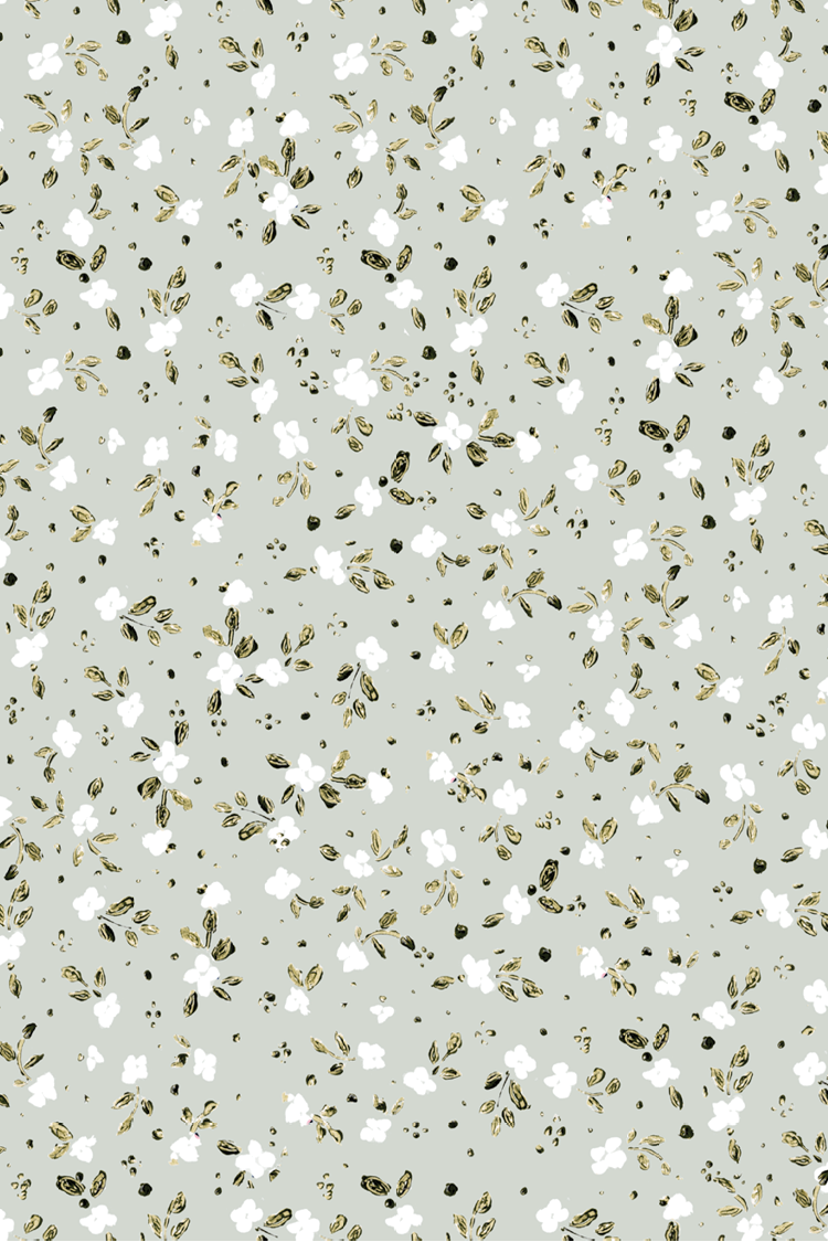 Brittany Calico mini white flowers and green leaves on a quiet blue green sage